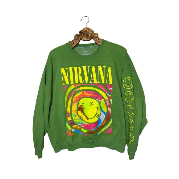 Urban Outfitters Nirvana Green Crew Neck Sweatshirt Splatter Smiley - Picture 1 of 6